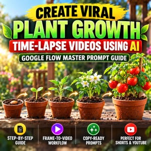 May include: A digital guide titled CREATE VIRAL PLANT GROWTH TIME-LAPSE VIDEOS USING AI GOOGLE FLOW MASTER PROMPT GUIDE. It features five terracotta pots showing a tomato plant's life cycle from seed to fruit, with icons for guide, video, and prompts.