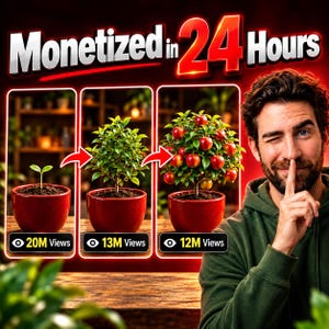 以下が含まれることがあります： Monetized in 24 Hoursというテキストと、苗から果樹へと成長する植物の3つの赤い鉢が描かれた画像。髭を生やした人物が静かにするようにというジェスチャーをしている。各鉢の下には視聴回数が表示されている。