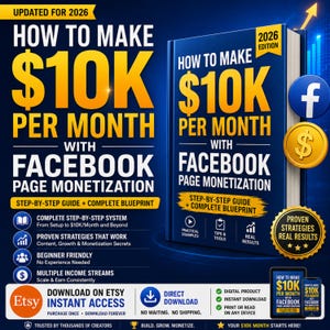 May include: A digital guide titled How to Make $10K Per Month with Facebook Page Monetization, featuring a blue book cover with yellow text, a 2026 edition badge, Facebook and dollar icons, and a list of steps for content growth and monetization.