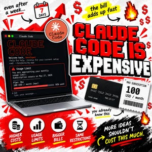 Puede incluir: Un portátil que muestra un aviso de límite de uso de Claude Code junto a una tarjeta de crédito negra y un recibo de 100 USD al mes. El gráfico incluye el texto rojo y blanco CLAUDE CODE IS EXPENSIVE, con iconos de fuego, dólares y calendario.