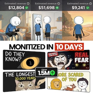 Könnte beinhalten: Eine mehrteilige grafische Illustration mit einer Strichmännchen-Figur in blauem T-Shirt und schwarzer Hose. Das Bild enthält Texteinblendungen wie Estimated revenue, MONITIZED IN 10 DAYS, DO THEY KNOW?, REAL FEAR, THE LONGEST 10,000 YEARS und 1.5M views.