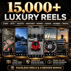 May include: A digital product display featuring 15,000+ Luxury Reels with text labels for cars, jets, yachts, watches, money, house, and travel. Five smartphones show video previews of luxury lifestyles, with additional text for MRR, PLR, and bonus ebooks.