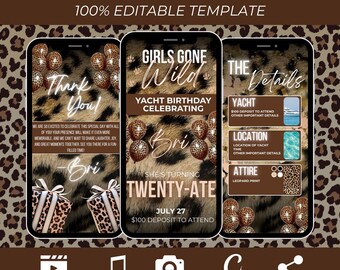 Leopard Print Birthday Invitation, Yacht Party, Customizable (Digital Download)