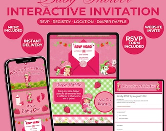 Editable Digital Strawberry Shortcake Themed Baby Shower Invite, Berry Sweet Invite, RSVP Form, Interactive Website, Instant Download