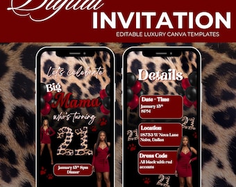 Big Mama Black and Red Birthday Dinner Invitation, Cheetah Print Digital Template