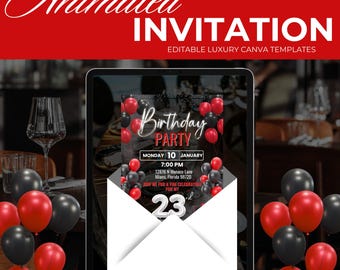Black and Red Envelope Animated Digital Birthday Invitation