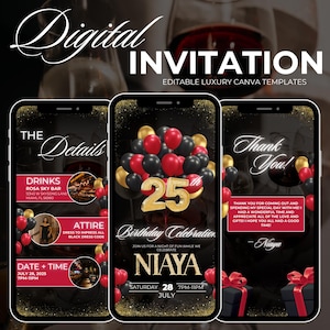 Invito digitale per cena di compleanno, cena di compleanno in nero/rosso/oro, invito digitale per festa di compleanno, modello modificabile, festa di compleanno