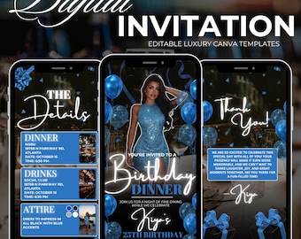 Blue Birthday Dinner Invitation, Editable Party Evite (Digital)
