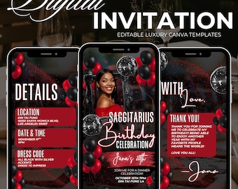 Black & Red Sagittarius Party Invite Template, Zodiac Birthday Invite