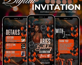 Aries Season Birthday Invite | Orange Zodiac Party Invitation | Editable Digital Template