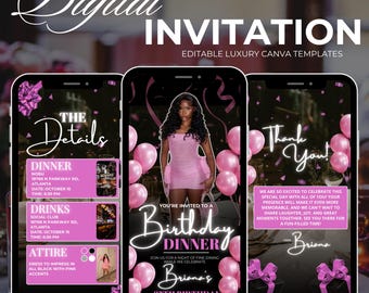 Pink Birthday Dinner Invitation, Editable Canva Template (Digital)