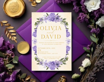 Purple & Gold Wedding Invitation Set – Modern RSVP Cards