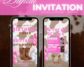 Pink & Brown Western Party Invite Template, Digital Download
