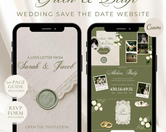 Green and Beige Save the Date Website Template | Digital Wedding Invitation with RSVP | Instant Download