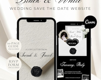 Black and White Save the Date Website Template | Digital Wedding Invitation with RSVP | Instant Download