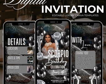 Silver Scorpio Birthday Invitation | Zodiac Party Invite | Editable Digital Template