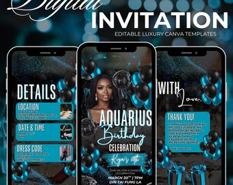 Aquarius Season Birthday Invite | Blue Zodiac Party Invitation | Editable Digital Template