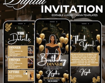 Black and Gold Birthday Dinner Invitation, Elegant Party Template (Digital Download)