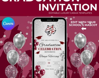Digital Graduation Invitation, Maroon & Silver Graduation Party Flyer, Customizable Grad Announcement, Graduation Party, Graduation Ceremony