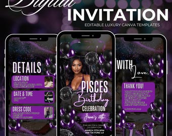 Pisces Season Birthday Invite | Purple Zodiac Party Invitation | Editable Digital Template