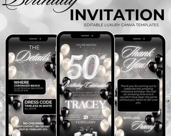 Digital 50th Birthday Invitation, Black & White Animated Dinner Party Evite, Elegant Fifty Invite for Women, Self Editable Canva Invitation