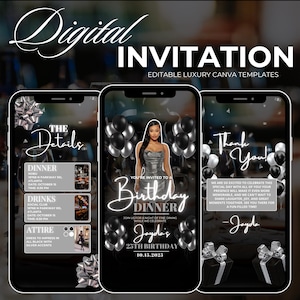 Puede incluir: Plantilla de invitación digital para una cena de cumpleaños. El diseño presenta tres pantallas de teléfono inteligente con globos negros y plateados, una mujer con un vestido plateado y detalles del evento. El texto incluye "Birthday Dinner" y "25th Birthday".
