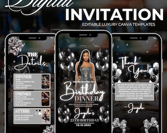 Silver & Black Birthday Dinner Invitation, Editable Canva Template (Digital)