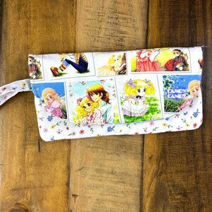candy candy  Wallet with zipper compartment, 6 card slots, and 1 hidden pockets. 7 1/2" long x 4" wide. Padded. Washable and Lightweight