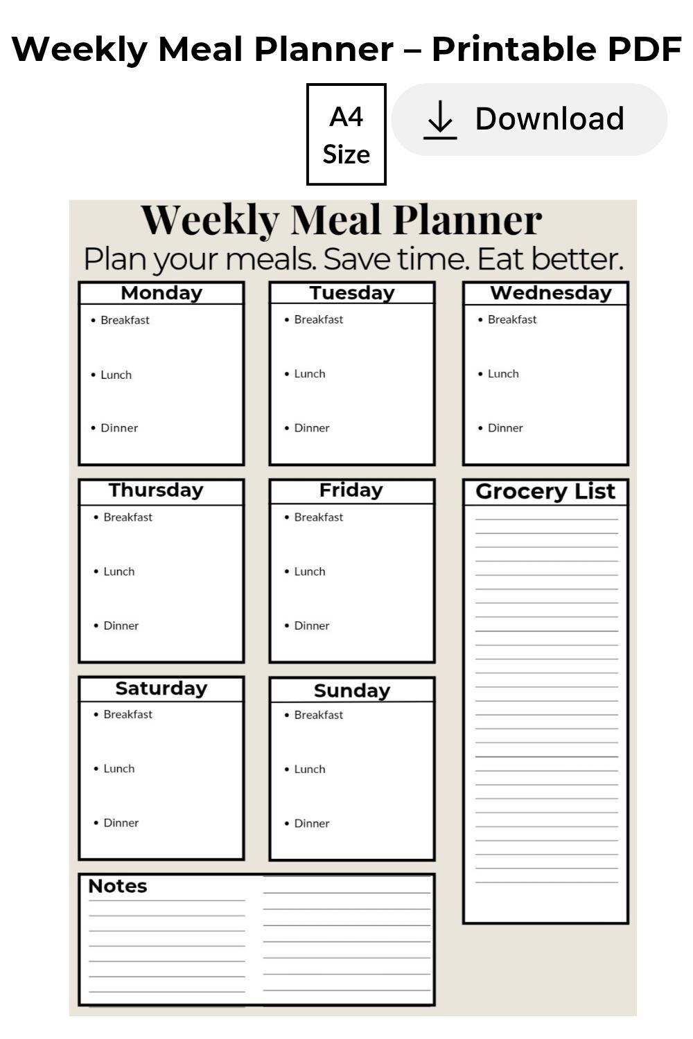 Weekly Meal Planner Printable | One-page Food Journal | Breakfast ...