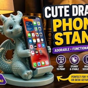 May include: A light blue 3D printable dragon phone stand holding a smartphone. The text reads CUTE DRAGON PHONE STAND, ADORABLE FUNCTIONAL UNIQUE, EASY TO PRINT, STURDY & STABLE, HOLDS SECURELY, PERFECT GIFT IDEA, INSTANT DOWNLOAD, STL FILE, 3D PRINTABLE.