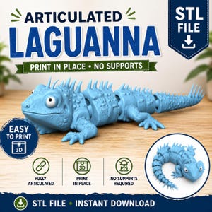 Könnte beinhalten: Eine hellblaue, bewegliche Echsenfigur mit strukturierter Oberfläche, großen Augen und einem segmentierten Körper. Das Bild enthält den Text: ARTICULATED LAGUANNA, PRINT IN PLACE, NO SUPPORTS, EASY TO PRINT 3D, FULLY ARTICULATED, STL FILE.