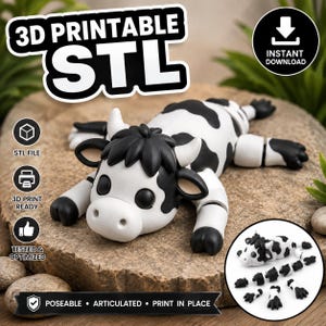 Könnte beinhalten: Eine 3D-druckbare STL-Datei einer beweglichen Kuhfigur mit schwarzen und weißen Flecken, einer schwarzen Haartolle und weißen Hörnern. Das Design ist beweglich und für den Druck in einem Stück geeignet, mit dem Text 3D PRINTABLE STL, INSTANT DOWNLOAD, STL FILE, 3D PRINT READY, TESTED & OPTIMIZED sowie POSEABLE - ARTICULATED - PRINT IN PLACE.