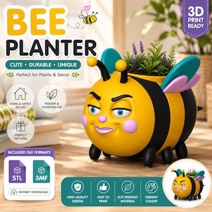 May include: A yellow and black bee-shaped planter with blue and pink wings, blue eyes, and pink cheeks. The planter features a cartoonish face and holds small green plants with purple flowers. Text on the image includes BEE PLANTER.
