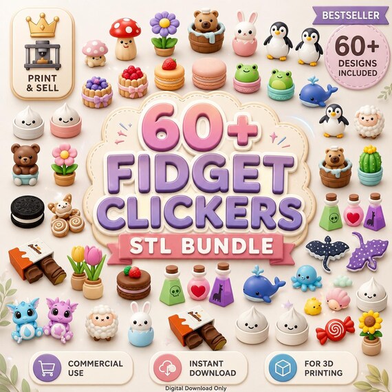 60+ Cute Kawaii STL Bundle | 60+ Fidget Clickers, Mini Animals, Food Keychains & Potion Bottles | 3D Printable STL Files Fidget Clickers |