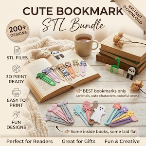 May include: A digital bundle of 200+ STL files for 3D printable bookmarks featuring various animal and character designs. The collection includes colorful plastic-style bookmarks shaped like pandas, elephants, lions, monkeys, octopuses, ghosts, and flowers, displayed both inside an open book and laid flat on a surface.