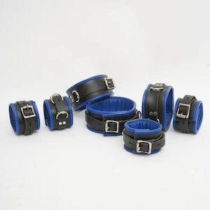 7 Stück Top Grain Leder Fesseln Set Weiche Handgelenk & Knöchel, Oberschenkel Manschetten und Halsband Bondage Geschenk Extra Gepolsterte Paar Rollenspiele