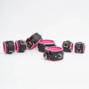 Genuine Leather Collar Wrist Ankle Thigh Restraint Bondage Set 7 pcs cuffs Padded Couple Roleplay, Mature