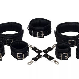 Leather Handcuffs Wrist Ankle Cuffs Neck Collar Restraint Bondage Set 7 pcs cuffs