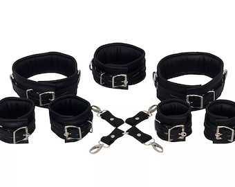 Leather Handcuffs Wrist Ankle Cuffs Neck Collar Restraint Bondage Set 7 pcs cuffs