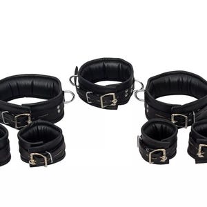 Genuine Leather Bondage Wrist Cuffs and Ankle Cuffs Neck Collar Thigh Restraints Cuffs Set