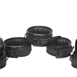 Real Cow Leather Wrist, Ankle Thigh Cuffs Collar Restraint Bondage Set Black 7 Piece Padded Cuffs Role Play & Anniversay Gifts Mature