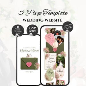 Op de afbeelding: Een sjabloon voor een trouwwebsite weergegeven op twee smartphones. Het ontwerp bevat een countdown timer, RSVP formulier en video tutorial. Het sjabloon heeft een roze en groen kleurenschema met bloemaccenten en de tekst "5 Page Template WEDDING WEBSITE".