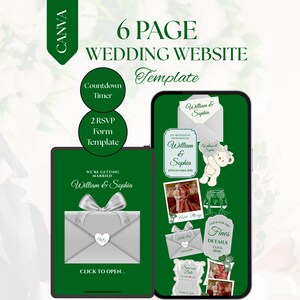 May include: A green wedding website template with the text "6 PAGE WEDDING WEBSITE Template" and "William & Sophia". The template includes a countdown timer, RSVP form, and a "Live Story" section. The design features a bow and envelope.