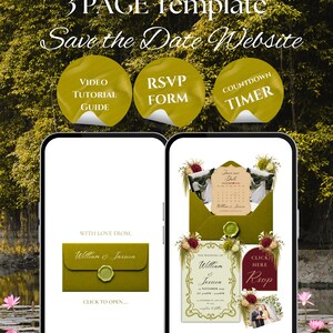 Op de afbeelding: Een 3-pagina Save the Date website template weergegeven op twee smartphones. De interface bevat een olijfgroene envelop met een waszegel, een RSVP-formulier, een afteltimer en een video-tutorial. De tekst bevat William & Jessica, 15 november 2030 en Click to Open.