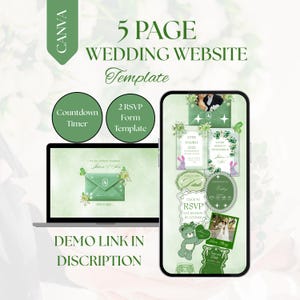 May include: A digital wedding website template displayed on a laptop and smartphone. The template features a green and white color scheme with floral accents. Text includes "5 Page Wedding Website Template", "Countdown Timer", and "2 RSVP Form Template".
