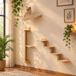 以下が含まれることがあります： 壁掛け式の猫用家具セット。明るい色の布製ハンモックで休む猫、2つのプラットフォームを備えた垂直の爪とぎポール、4つの木製ステップとサイザル麻で巻かれた支柱を持つ多段式の階段システムで構成されています。
