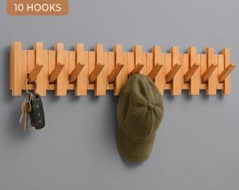 Modern Wood Wall Hook Rack, Minimalist Coat Key Organizer (4-12 Hooks)