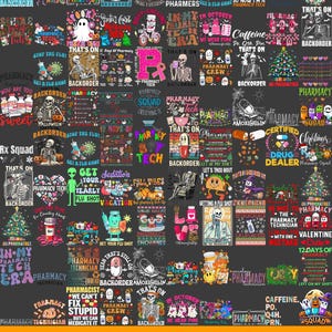 May include: A collection of 90 digital designs featuring various pharmacy-themed illustrations. The designs include skeletons, ghosts, Christmas trees, and other holiday-themed imagery. The text "Pharmacy Tech" and "Backorder" are repeated throughout the designs.