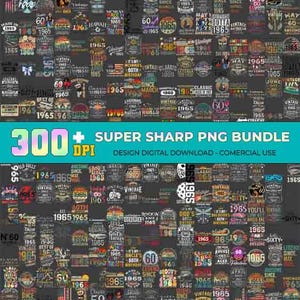 May include: A digital design bundle featuring over 300 PNG files with vintage-style graphics. The designs include various text elements and illustrations, with a color palette of black, white, and shades of gray, with some designs in red, yellow, and blue.