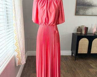 70s Vintage Accordian Pleated Flutter Sleeve Maxi Dress. Union Tag.
